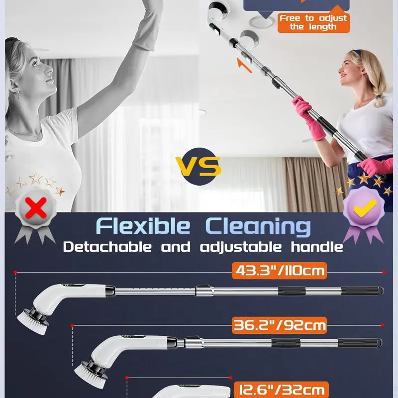 2024 New Upgraded Electric Spin Scrubber, 2023 Cordless Shower Scrubber with 8 Replaceable Brush Heads and Adjustable Extension Handle, Power Cleaning Brush for Bathroom, Kitchen, Car, Tile, Wall, Floor